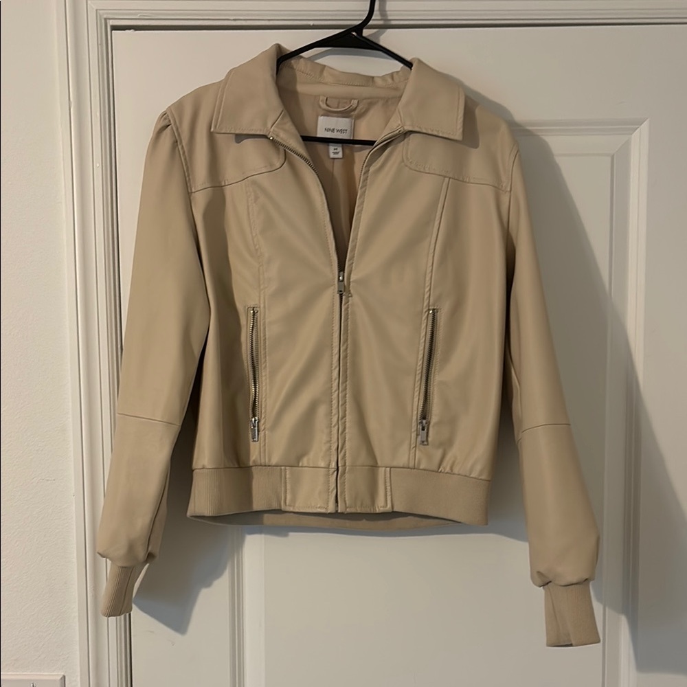 Nine West Tan Leather Jacket with Collared Neckline and Cropped Length